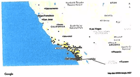 Map of California coast showing clustered data points