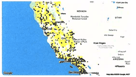 Map of California with many location markers