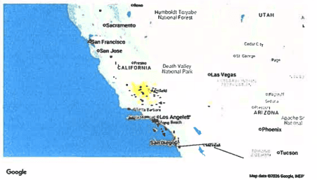 Southern California map showing arrow near San Diego