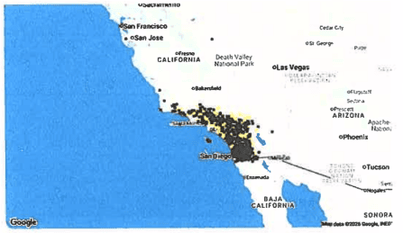 Map showing clustered data points in Southern California
