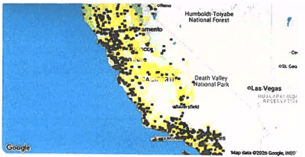 Map of California with many black location markers
