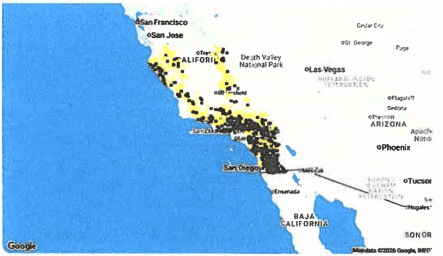 Map of Southern California and Baja California
